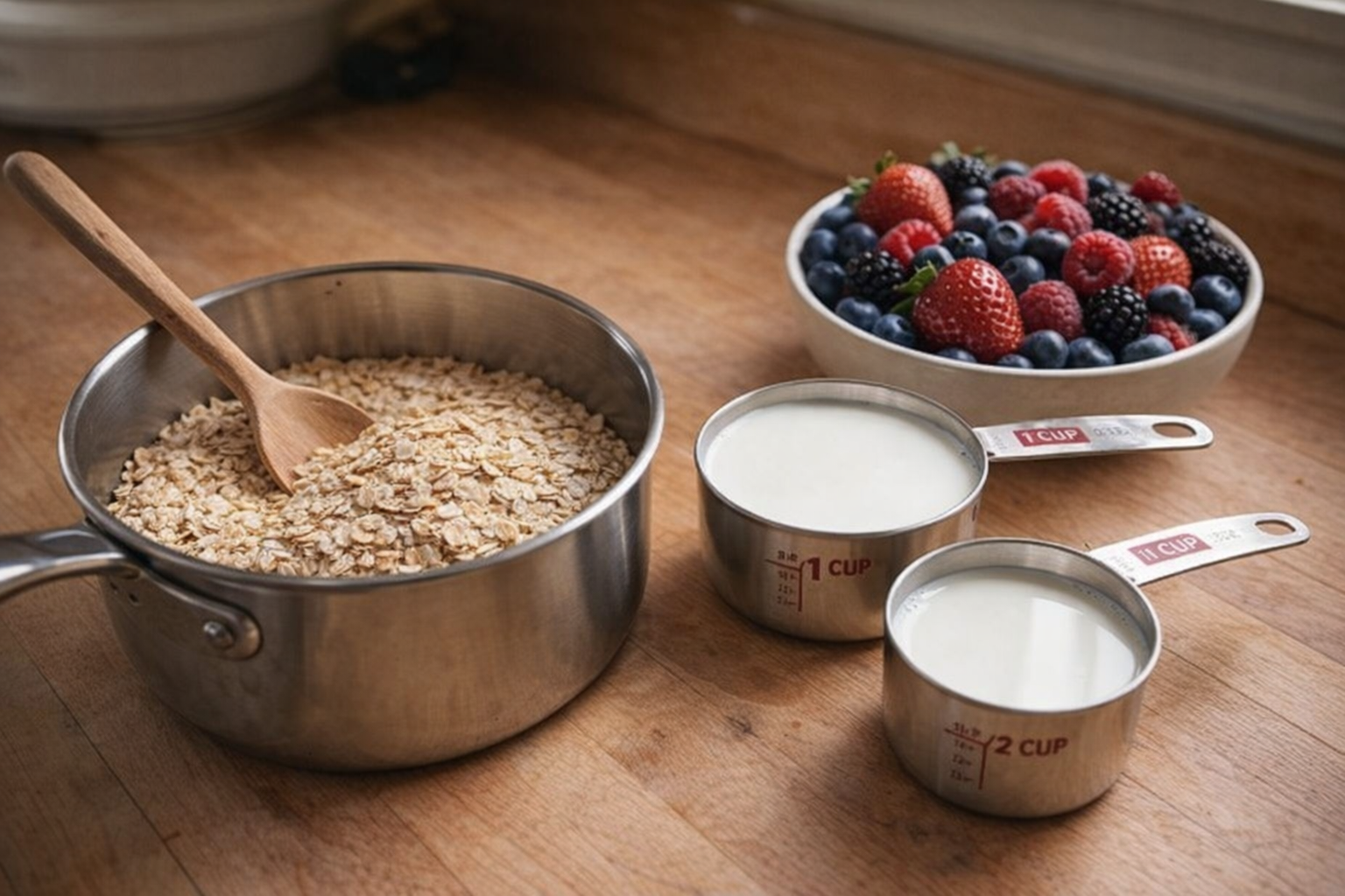A close-up shot of a saucepan with rolled oats, measuring cups filled with milk, and a bowl of assorted berries on a wooden countertop, natural lighting